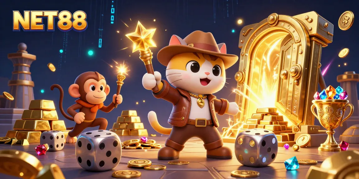 Join the adventure with NET88 as a cat archaeologist discovers a treasure in a casino-themed temple.