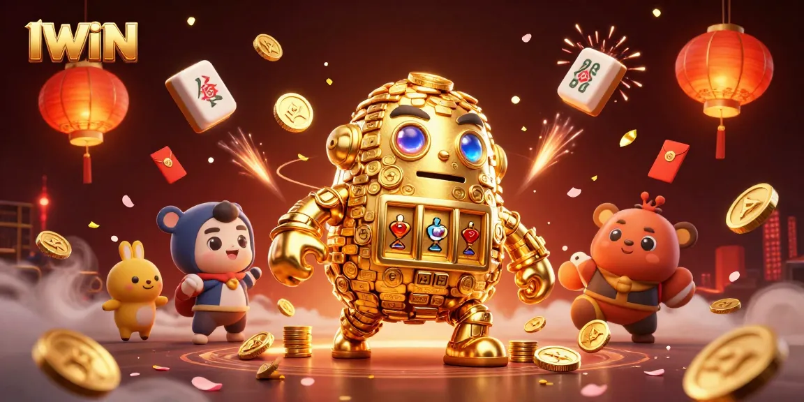 IWIN casino gaming scene depicting an ancient golden golem surrounded by festive gambling elements.