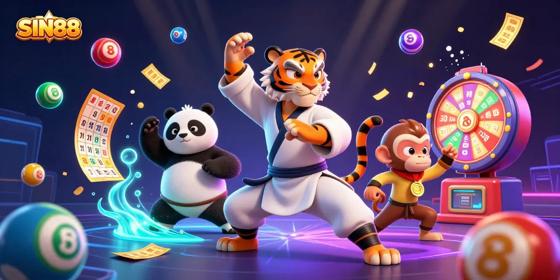 SIN88 showcases a vibrant scene of a kung fu tiger amid fluttering lottery elements for exciting betting.