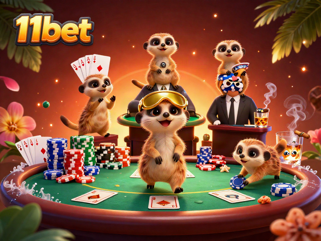 Engage in exciting 11bet casino gameplay with meerkats managing a vibrant poker scene.