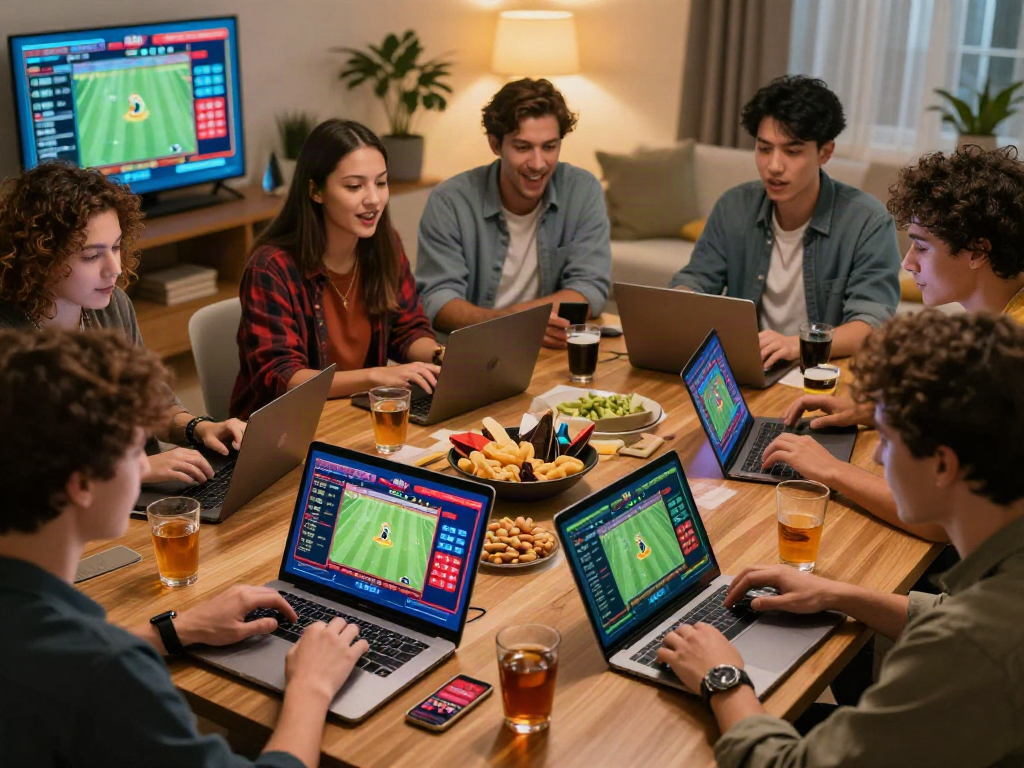 Engaging scene of diverse individuals enjoying 토토사이트 검증 먹튀스팟 while discussing online betting strategies in a cozy environment.
