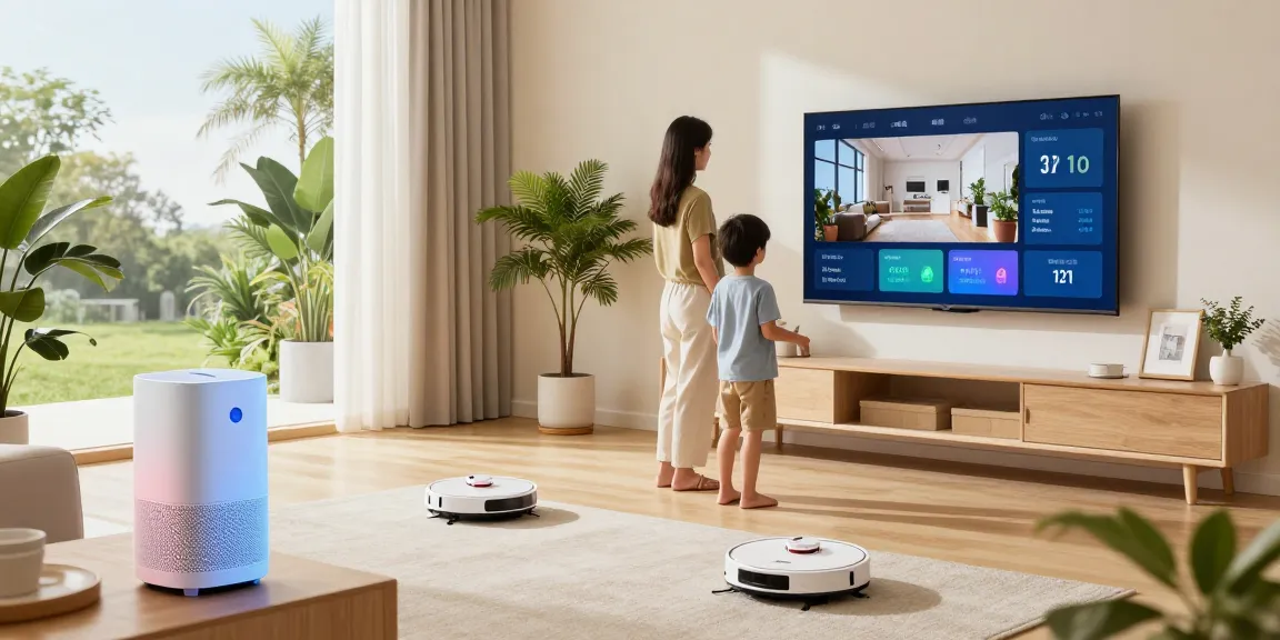 Family using the best smart home gadgets 2026 in a modern living room with smart lighting and interactive devices.